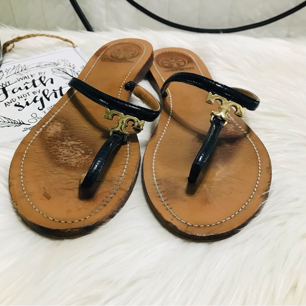 Tory Burch T Logo T Strap Thong Sandals Flats Black Sz 10 - Picture 3 of 11